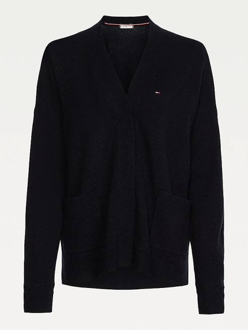 Tommy Hilfiger Wool Open V-Neck Cardigan Kazak Kadın Siyah | TH892CYV