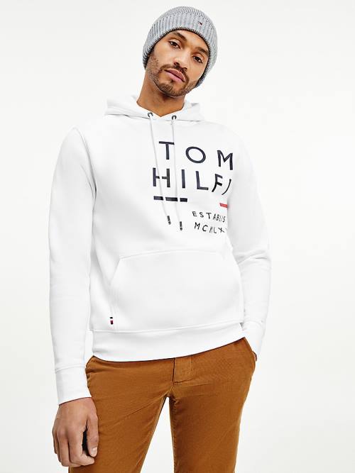 Tommy Hilfiger Wraparound Logo Fleece Kapüşonlu Sweatshirt Erkek Beyaz | TH143WPE