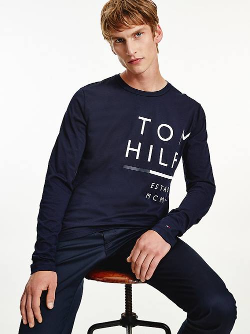 Tommy Hilfiger Wraparound Logo Long Sleeve Tişört Erkek Mavi | TH351GDK