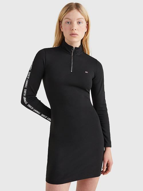 Tommy Hilfiger Zip-Thru Logo Tape Bodycon Elbise Kadın Siyah | TH167GOC